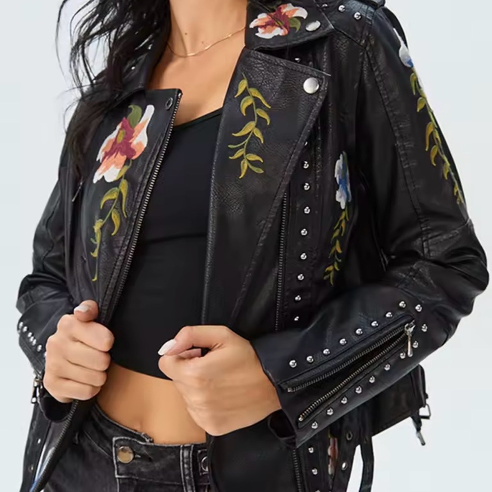 Women's Black Floral Studded Leather Moto Jacket